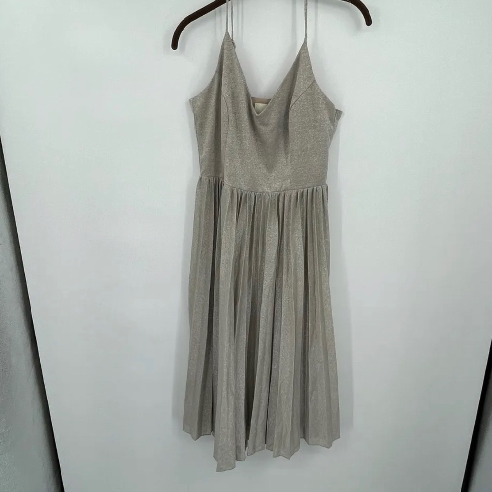 Anthropologie Elevenses Womens Dress 10 Lunar Pleated Silver Sparkle Midi Straps